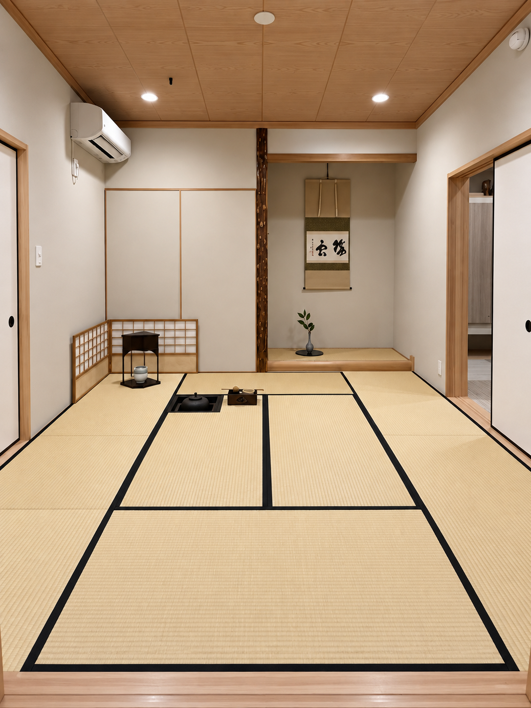 炉と床の間を備えた神保軒の八畳茶室