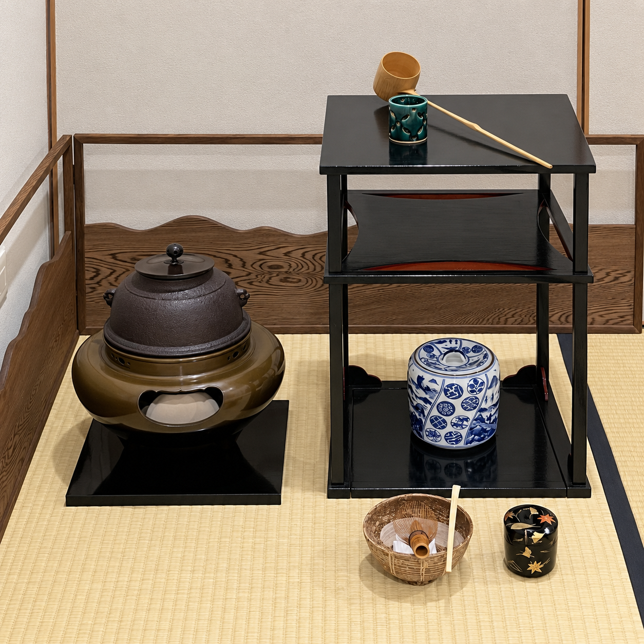 茶室に並ぶ釜や茶道具